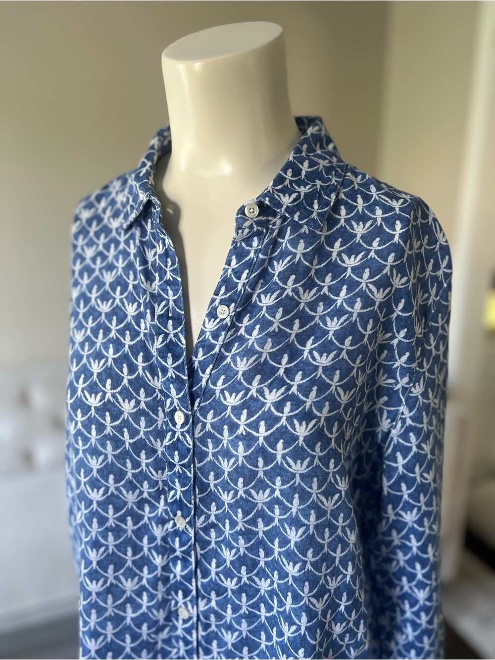 J.McLaughlin Fallon 100% Linen Bird Print Tunic White Blue Large
